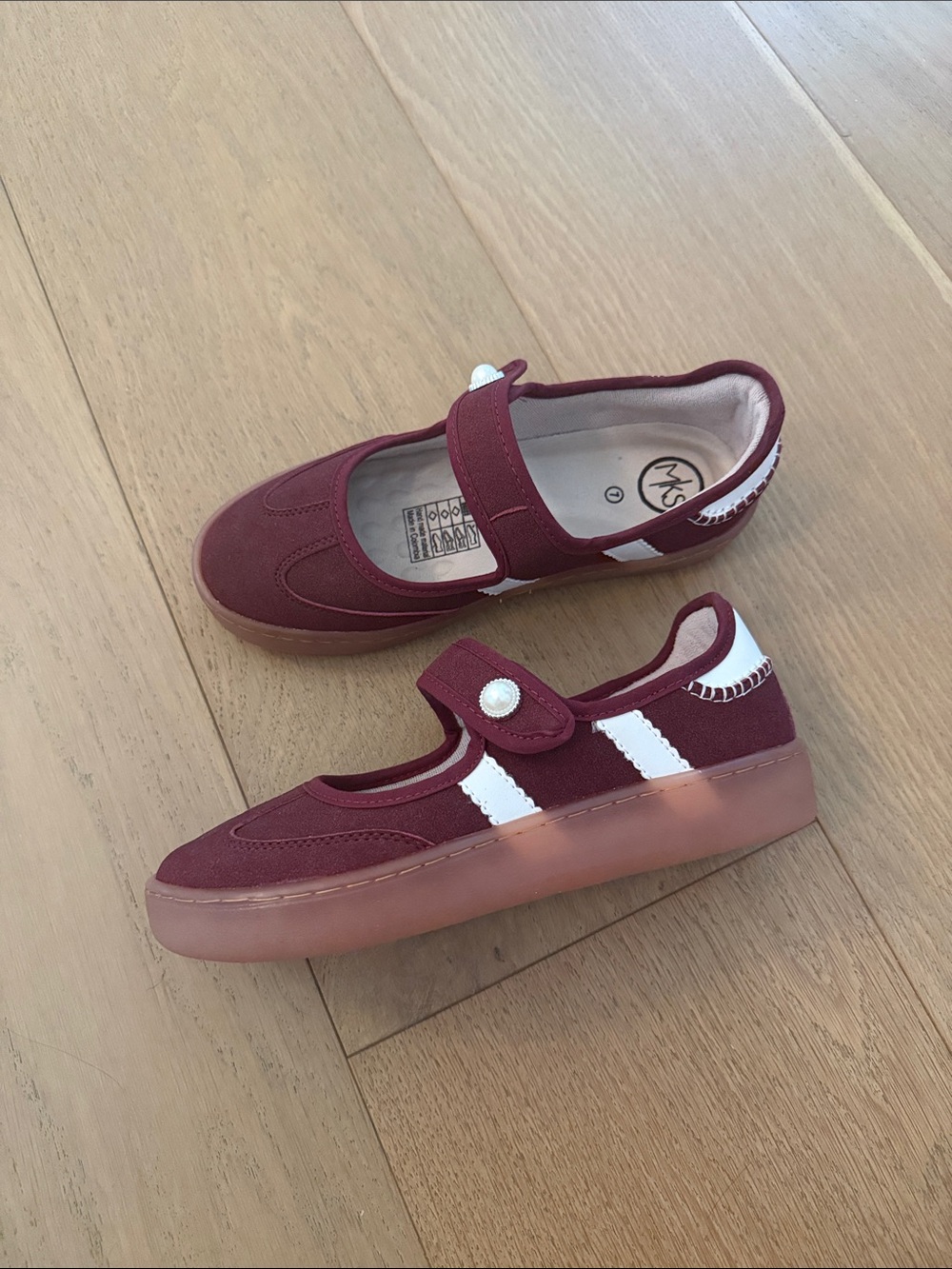 Women’s Burgundy Mary Jane Sneakers with Pearl Accent and Velcro Closure NWOT